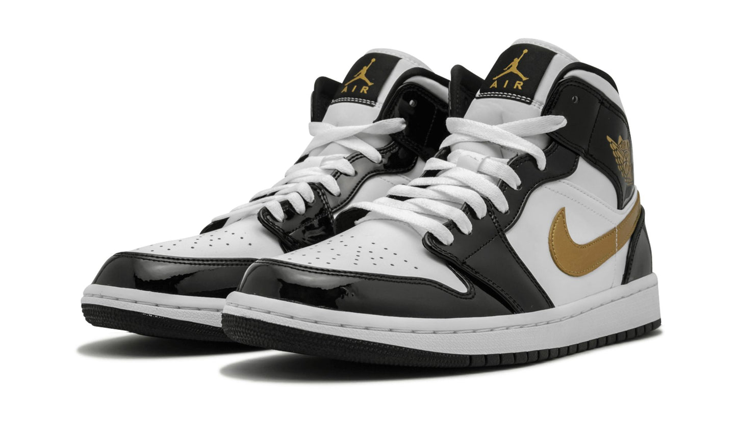 Jordan 1 Mid Patent Black White Gold