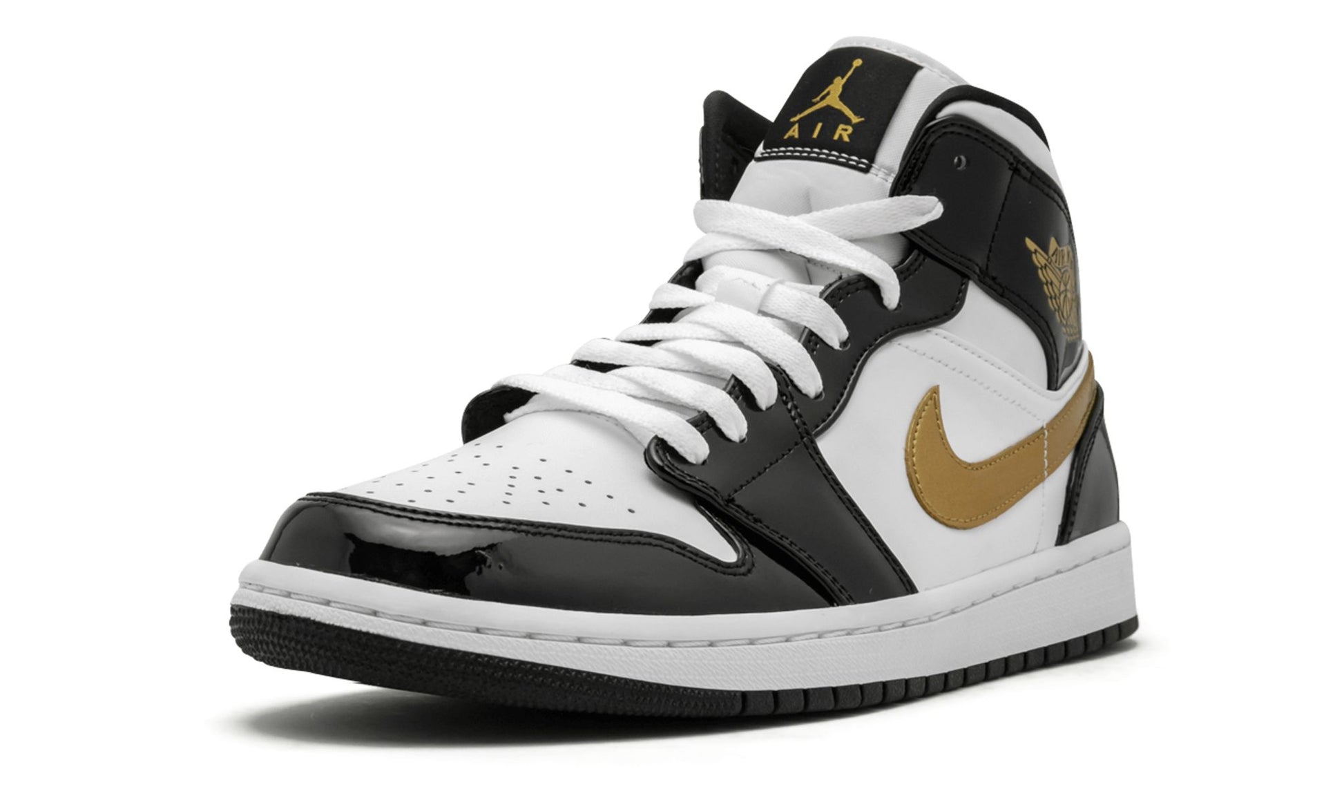 Jordan 1 Mid Patent Black White Gold